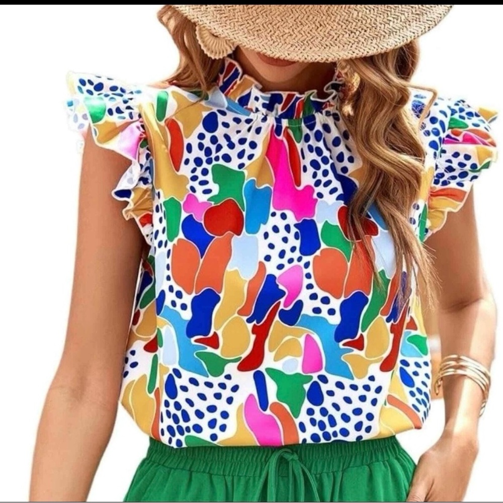 Red and Pink Flutter Sleeve Ruffled Blouse